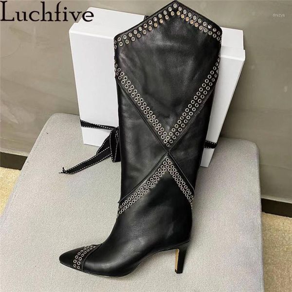 Neue Frau Kniehohe Stiefel Öse Intarsien Lüften Designer Spitze Zehen High Heel Stiefel Schwarz Echt Leder Lange Frau1