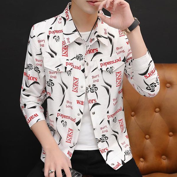 

spring autumn men's long sleeve shirt buttons front letters printed casual black red green male shirts outwear e33, White;black
