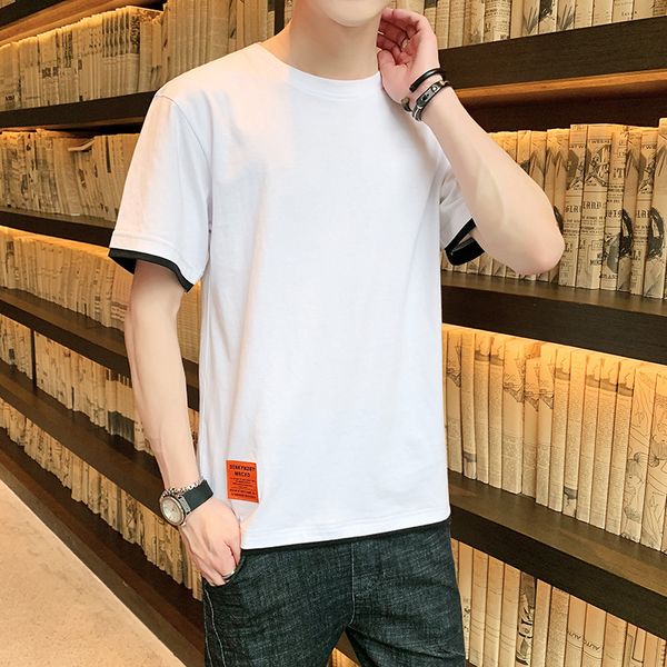 

2021 new short male you'll see around the neck broad pine casual cotton stocking shirt fake two t-shirt xtqo, White;black