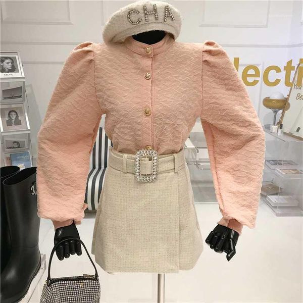 

court style bubble sleeve slim long sleeve shirt women's winter 2021 fashion new design shirt round neck, White