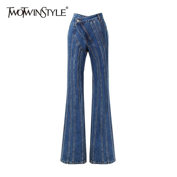

twotwinstyle striped denim flare jeans for women high waist casual irregular pants female fashion new clothing autumn tide 210202, Blue