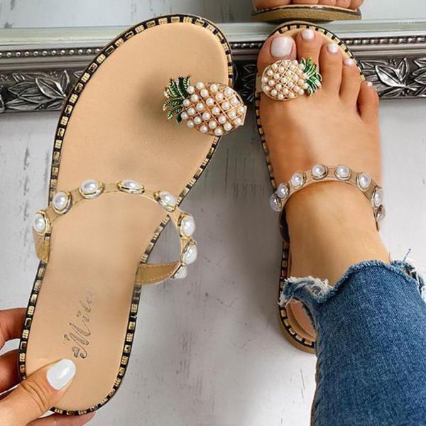 

slippers woman beach summer bohemian fashion beaded pearl pineapple flip flops women outdoor flat sandals casual shoes#g81, Black