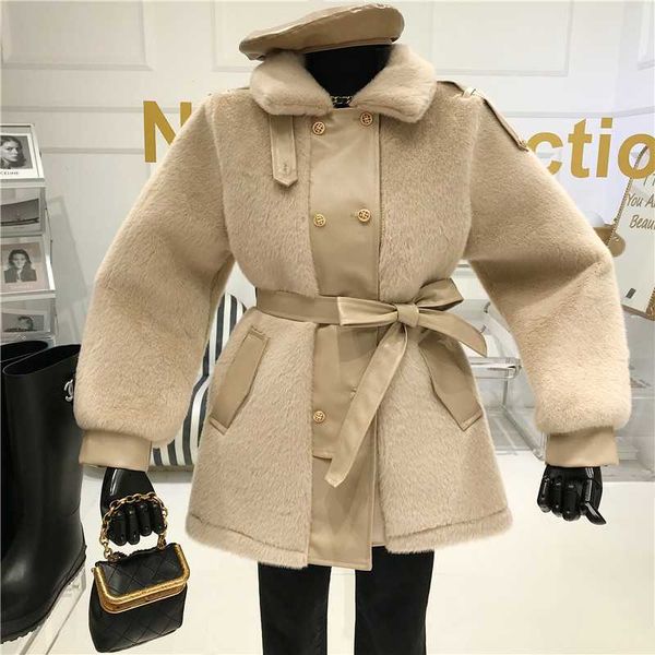 

women's fur & faux niche design tailored collar stitching plush coat 2021 temperament medium length with belt, Black