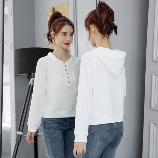 

осень 2020 новых корейских женщин свободные и тонкий свитер с капюшоном top свитер женский длинный рукав короткий универсальный топ моды icl, Black