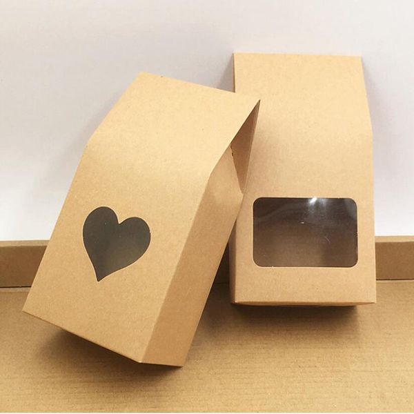 Sacchetti per imballaggio regalo di biscotti da 16 * 8 * 5 cm Stand Up Scatole di carta Kraft con scatole di sacchetti regalo tascabili trasparenti a forma di cuore