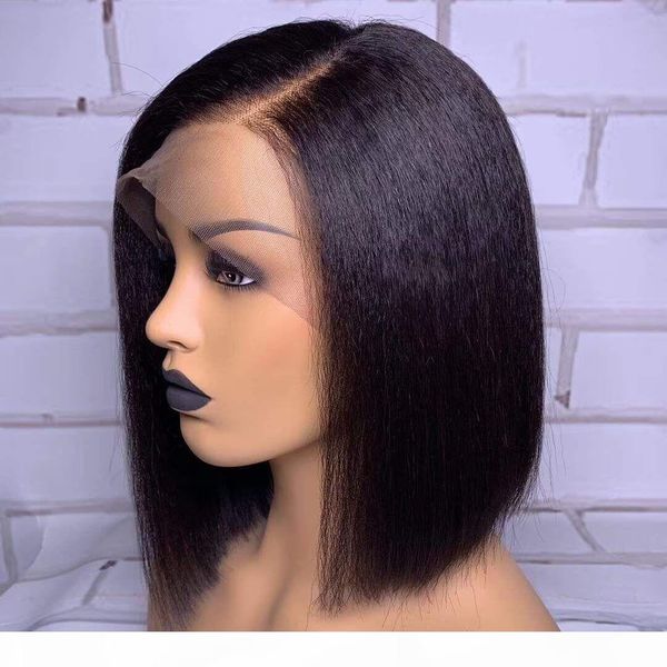 

kinky straight bob wig 13x6 lace front human hair wig short brazilian remy hair lace front wig pre plucked for black women, Black;brown