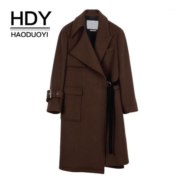 

hdy haoduoyi commuter temperament asymmetrical lapel coat with a belt and a split long overcoat1, Black