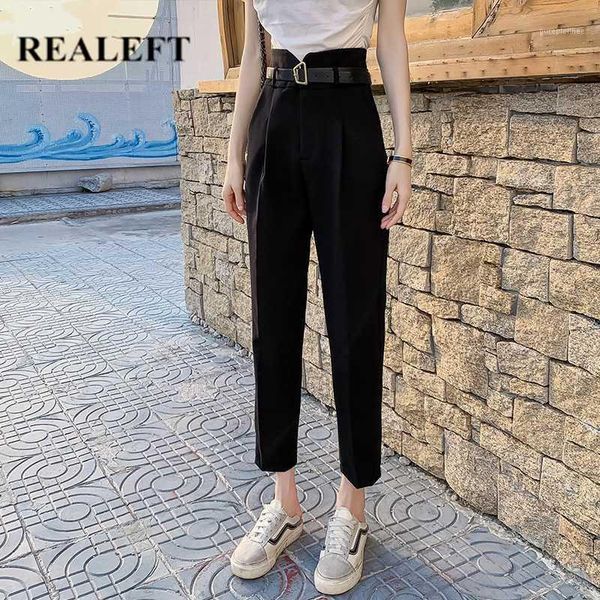 

realeft 2020 new spring korean style women's formal harm pants with belt high waist elegant office lady ankle-length pants1, Black;white