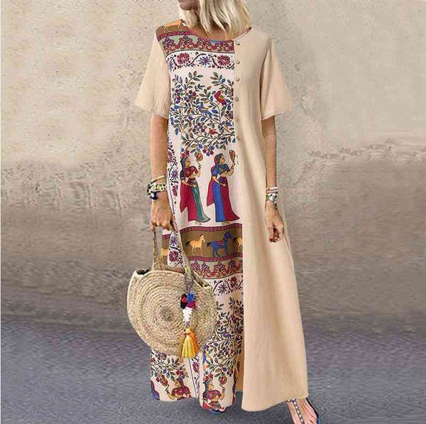 

women bohemian sundress vintage printed patchwork dresses short sleeve vestidos cotton linen baggy beach party kaftan robe dress, Black;gray