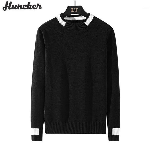 

huncher mens pullover sweater men 2020 korean style fashion jumper slim fit striped vintage pullover knitted black men sweater1, White;black