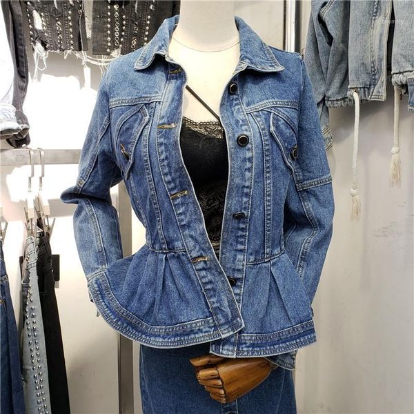 

autumn 2021 women's fashion ruffle slim fit with waistband short long sleeve denim jacket1, Black;brown