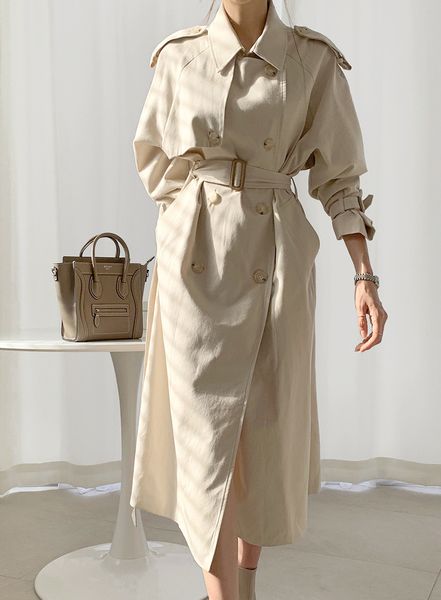 

casual style new spring autumn long women trench coat double breasted with belt loose coat lady outerwear fashion 1028, Tan;black