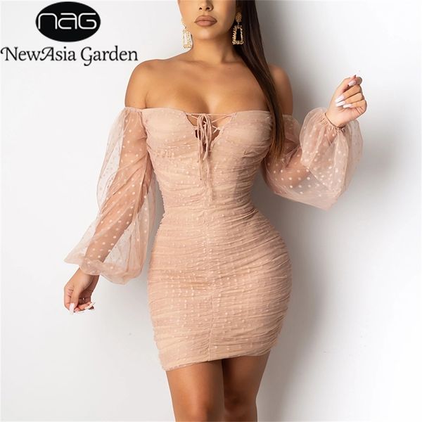 Newasia Garden Bodycon Parti Elbise Kadınlar Sheer Mesh Uzun Kollu Ön Dantel Up Pileli Pembe Elbiseler Vintage Polka Dot Casua Elbise LJ200820