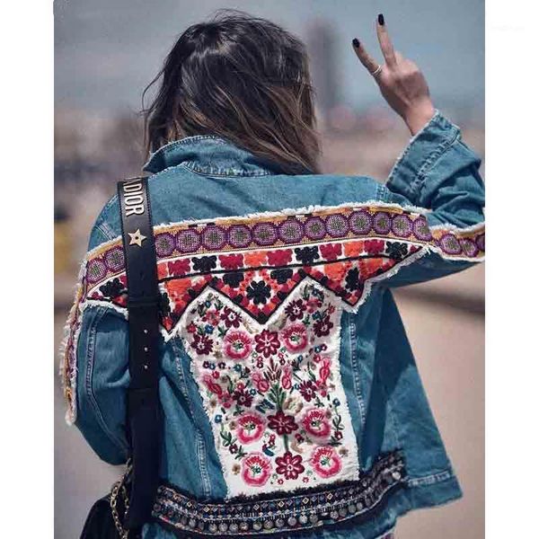 

yamdii boho new embellished denim jacket women 2020 autumn winter jacket coat female ethnic hippie chic gypsy coat women outwear1, Black;brown