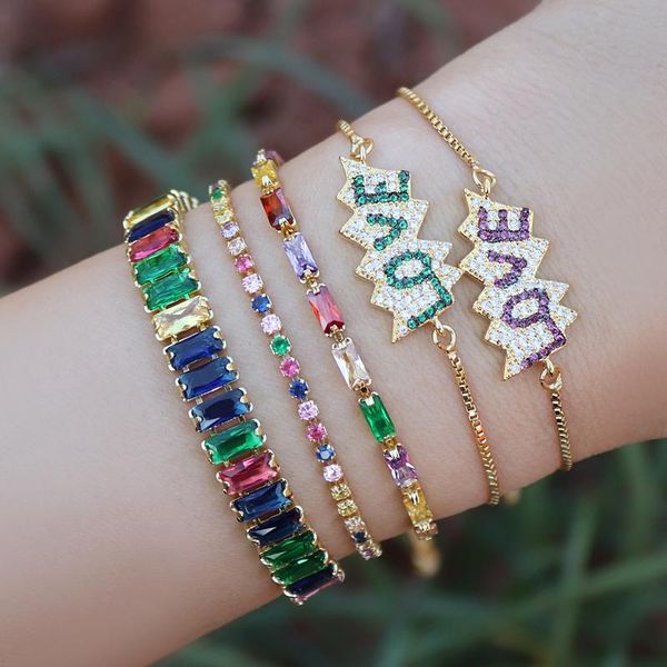 

Luxury Classic Crystal Tennis Charm Bracelet for Women Shiny Princess Cut Cubic Zircon CZ Adjustable Bangles Copper Jewelry Gift, Golden;silver