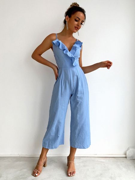 

joyfunear ruffle trim shirred back cami jumpsuit x3g7#, White