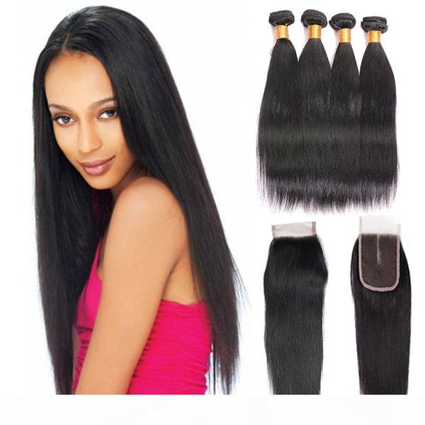 

peruvian straight hair 4 bundles with lace closure 100% remy human hair with 4*4 closure middle part natural hair extensions, Black