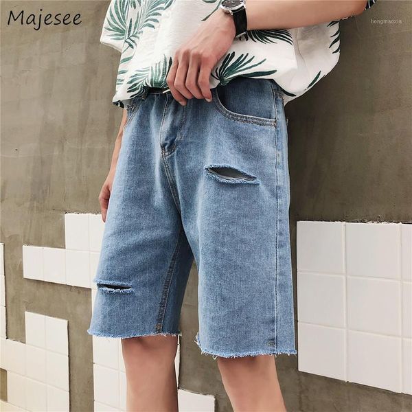 

men jeans knee length summer casual bottoms hole hollow out cool streetwear fashion trendy male all-match leisure ulzzang chic1, Blue