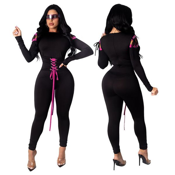 

k9744 big size solid color contrast long sleeve jumpsuit, Black;gray