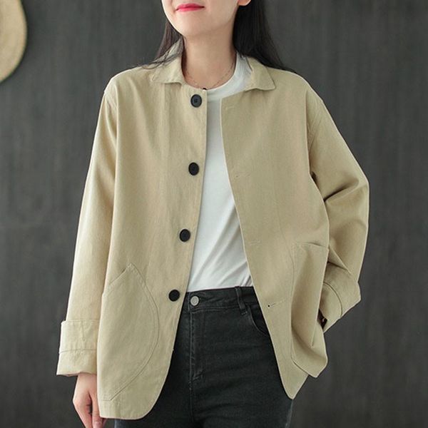 

qpfjqd loose casual turn down collar long sleeve jackets 2021 sweet ladies simple autumn spring coats single breasted, Black;brown