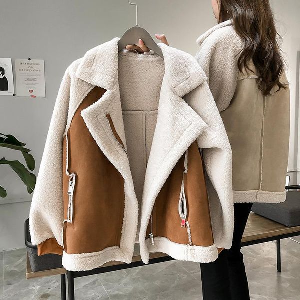 

women's wool & blends 2021 patchwork suede jacket women short lamb velvet warm loose long sleeve outwear winter motorcycle female coat, Black