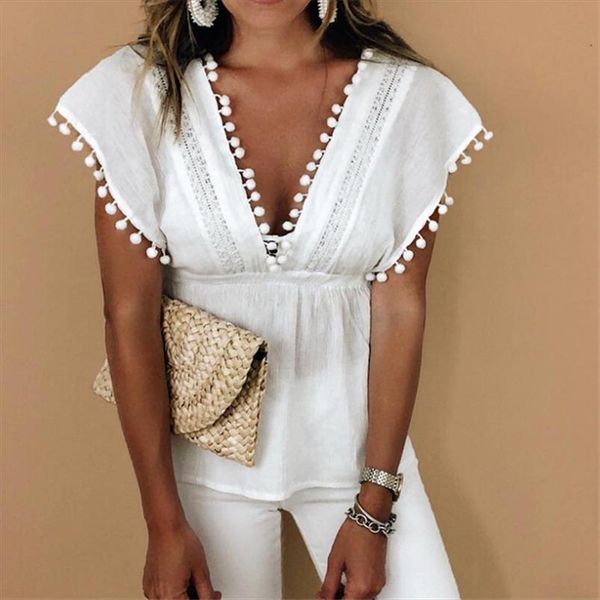 

fashion women summer loose t shirt casual ladies sleeveless white tees lace new tassel ball deep v neck t shirt