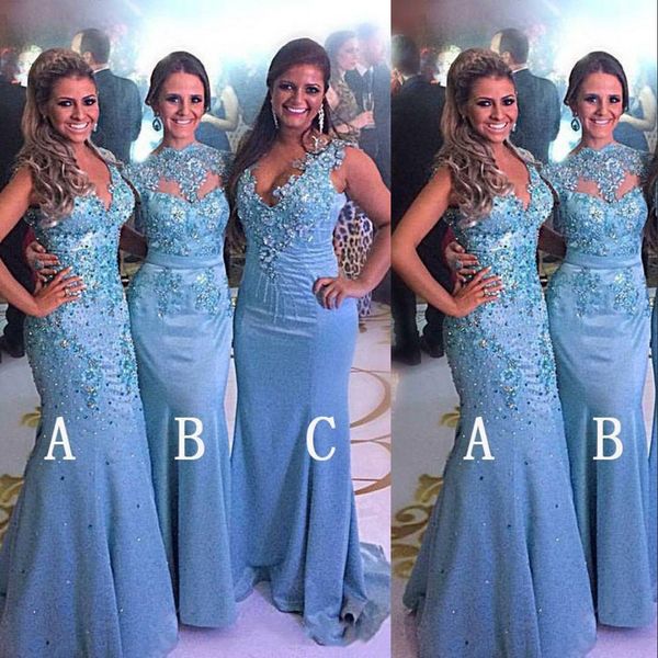

2021 new different styles bridesmaid dresses for weddings lace appliques crystal beads sky blue mermaid party floor length maid honor gowns, White;pink