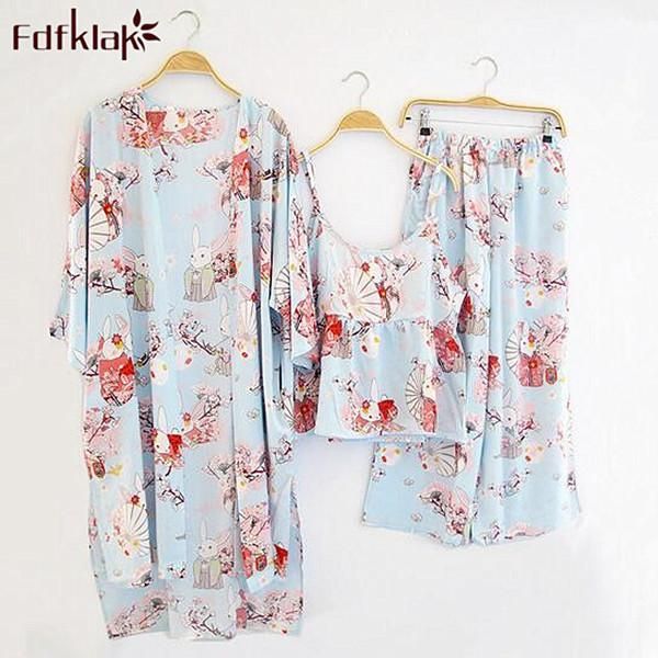 

3 pieces set new autumn winter pajamas women vintage print pyjamas set ladies cotton sleepwear women's tracksuits blue/pink1, Black;red