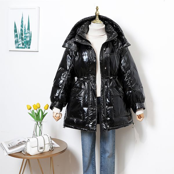 

2021 new winter white duck down midi length parka hooded women thick warm long coat loose outwear feminino parkas nn6l, Black