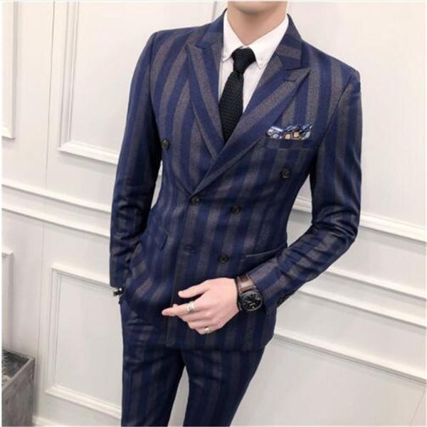 

men's suits & blazers slim fit double breasted suit 2021 latest coat pant designs skinny men prom stripe wedding costume homme luxe 3 p, White;black