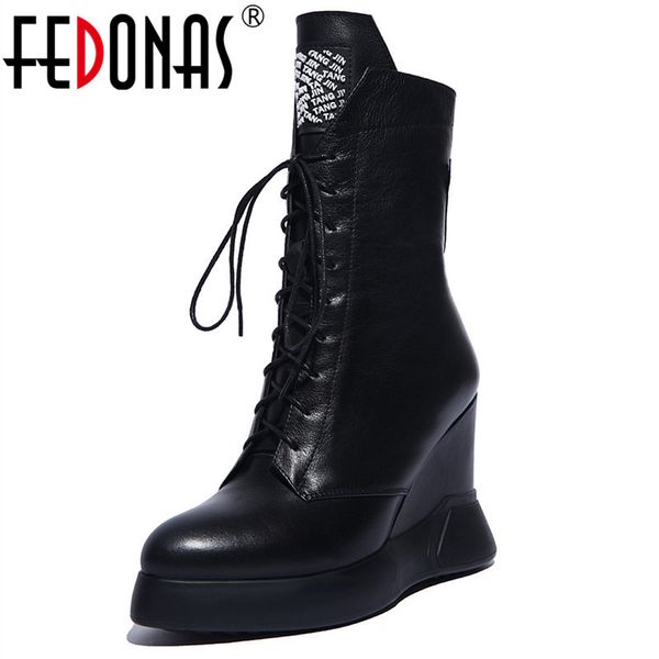 

fedonas brand mid-calf boots for women rhinestone party wedding shoes woman wedges high heels lace up autumn winter ladies shoes 1026, Black