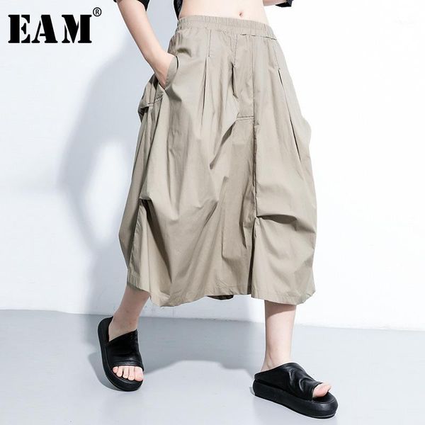 

eam] high elastic waist khaki pleated irregular temperament half-body skirt women fashion tide new spring summer 2020 1x8411, Black
