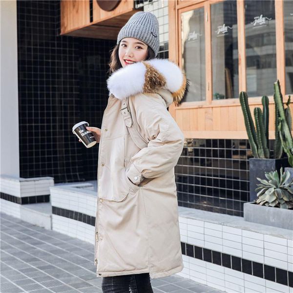 

women 2020 winter down jacket natural fur collar female long thick warm parkas hooded casual white duck down outerwear n146, Black