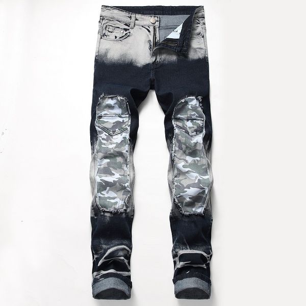 

2019 nostalgic men's hole color collage decorative trendy pants stretch jeans, Blue