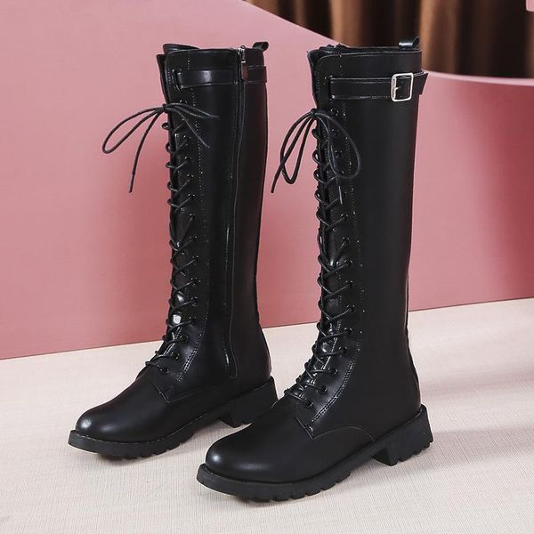 

autumn and winter 2020 new women's knee high boots middle heel round head zipper lace up casual women's shoes black riding boots