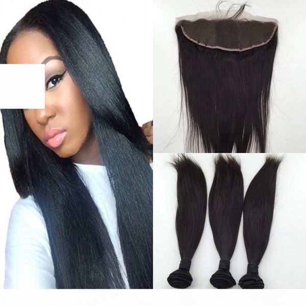 

bundles with closures frontal closure with 3 bundles human hair extensions virgin brazilian peruvian malaysian mongolian hair straight, Black