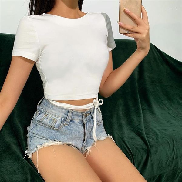 

2021 casual women short sleeve bandage crop ladies o neck backless solid t-shirts slim fit shirts clubwear wholesale1, White