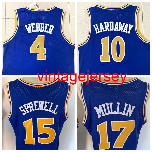 Atacado # 4 Chiris Webber # 17 Chris Mullin # 15 Latrell Sprewell # 10 Tim Hardaway Camisa de basquete toda costurada em malha