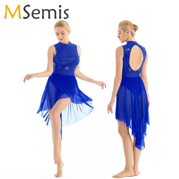 

women lyrical dance costumes ballet dress halter neck sleeveless backless shiny sequined high low mesh ballet leotard bodysuit, Black;red