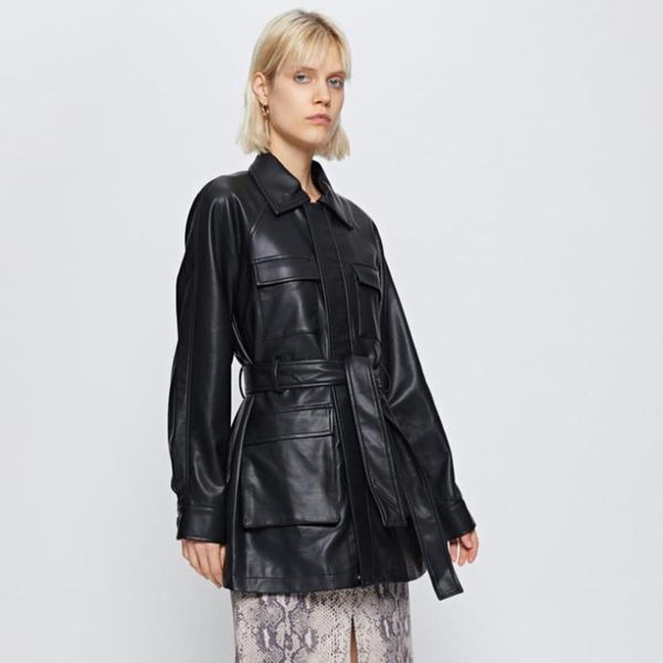

women's leather & faux multi-pocket punk jacket female locomotive style pockets stitching pu outerwear black jackets f1476