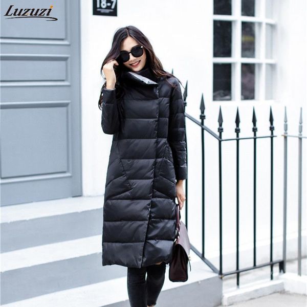 

luzuzi women double sided down long jacket winter turtleneck white duck down coat double breasted warm padded parkas snow coat, Black