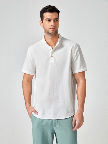 

men mock neck half button shirt g8vf#, White;black