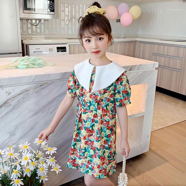 

girl's dresses rlyaeiz 2021 big girl sailor collar floral dress kids summer princess clothes party holiday for girls 4t-14t1, Red;yellow