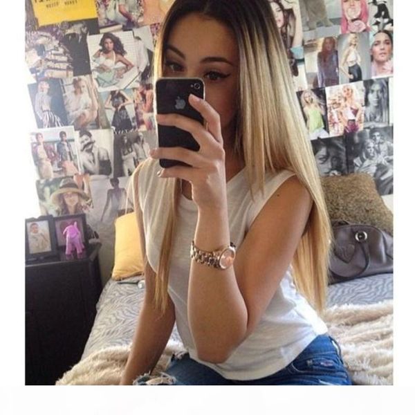 

красивые длинные ombre blonde # 613 шелковистой прямой парик волос младенца жаропрочных 180% плотность синтетический фронта шнурка светло-ру, Black
