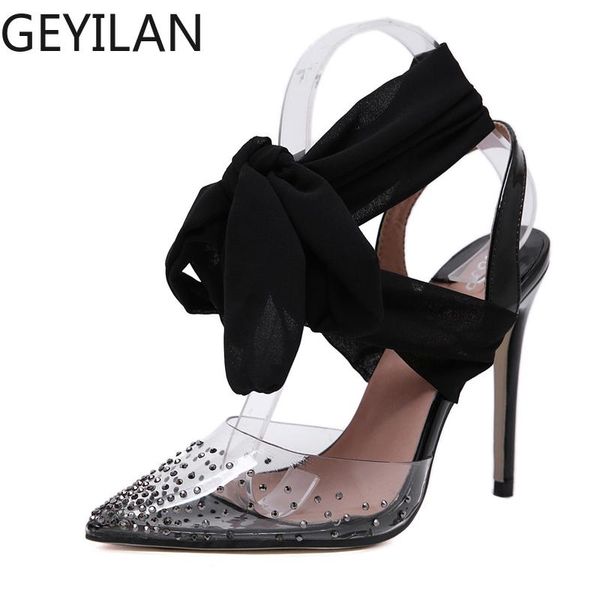 

dress shoes 2021 summer women 11cm high heels transparent sandals lace up toe pencil bridal pumps sequin valentine, Black