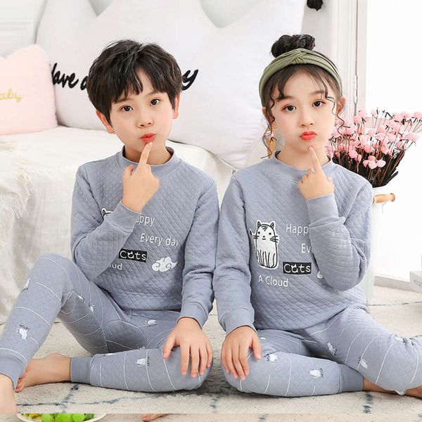 

boys children's set thermal and underwear girls three layer cotton winter baby thickened cloth autumn pants bottomed pajamas, Blue;red