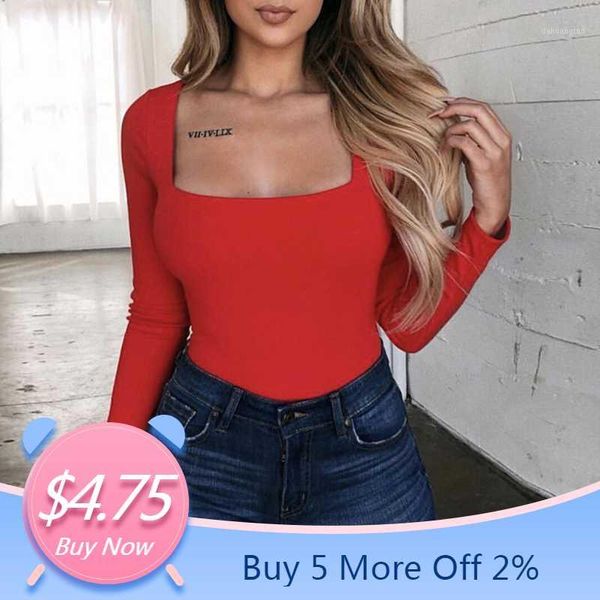 

2019 spring fashion women's shirt solid long sleeve square-neck blouse autumn ladies long tight bottom shirt pullover1, White