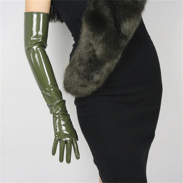 

five fingers gloves 60cm patent leather long extra over elbow pu emulation bright mirror dark green army, Blue;gray