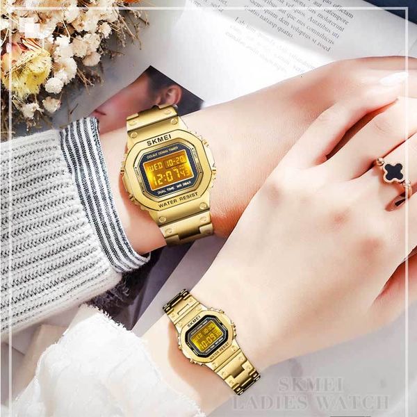 

skmei couple watch stainless steel women men square electronic watch lover gift led waterproof sport digital gold male clock1456, Silver