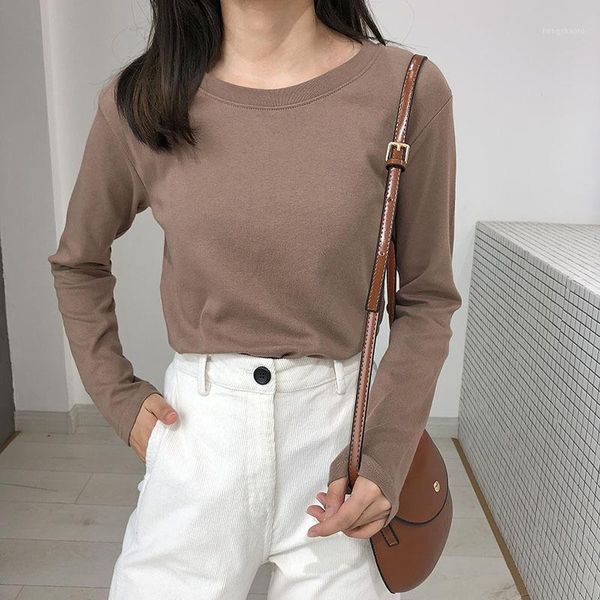 

casual korean ulzzang women solid t shirt vogue vintage female long sleeve tee shirts sweet kawaii o-neck elastic tshirt1, White